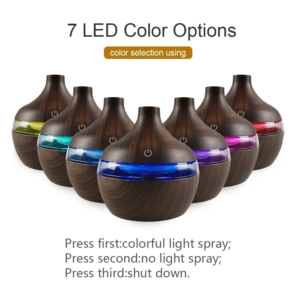 300ml Wood Grain USB Humidifier Cool Mist Aroma Diffuser for Home Quiet Desktop Hydrating Machine with 2 Essential Oils