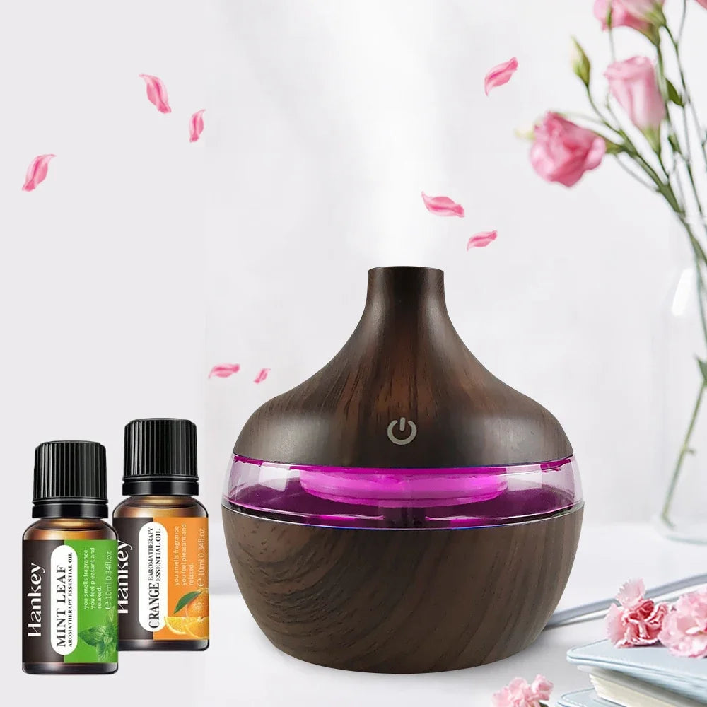 300ml Wood Grain USB Humidifier Cool Mist Aroma Diffuser for Home Quiet Desktop Hydrating Machine with 2 Essential Oils