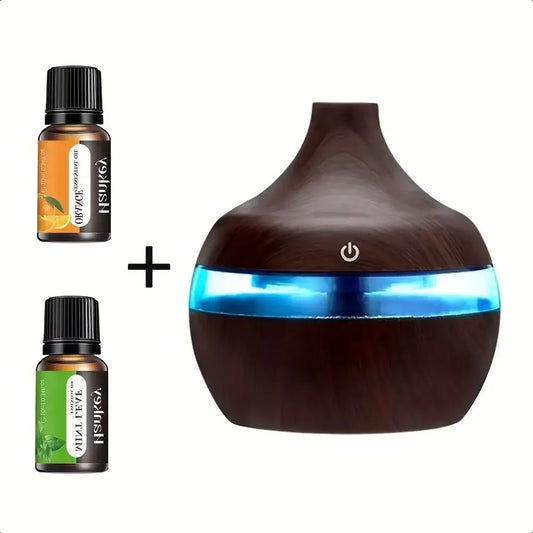 300ml Wood Grain USB Humidifier Cool Mist Aroma Diffuser for Home Quiet Desktop Hydrating Machine with 2 Essential Oils