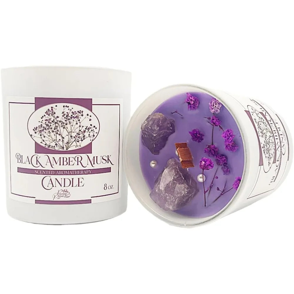 Scented Candles Gifts for Women, Non-Toxic Amber 8% Scented Candle with 2 Healing Crystals & 1 Wooden Wick in Cute Glass Jar, Ar