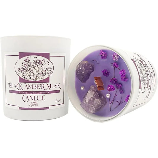 Scented Candles Gifts for Women, Non-Toxic Amber 8% Scented Candle with 2 Healing Crystals & 1 Wooden Wick in Cute Glass Jar, Ar