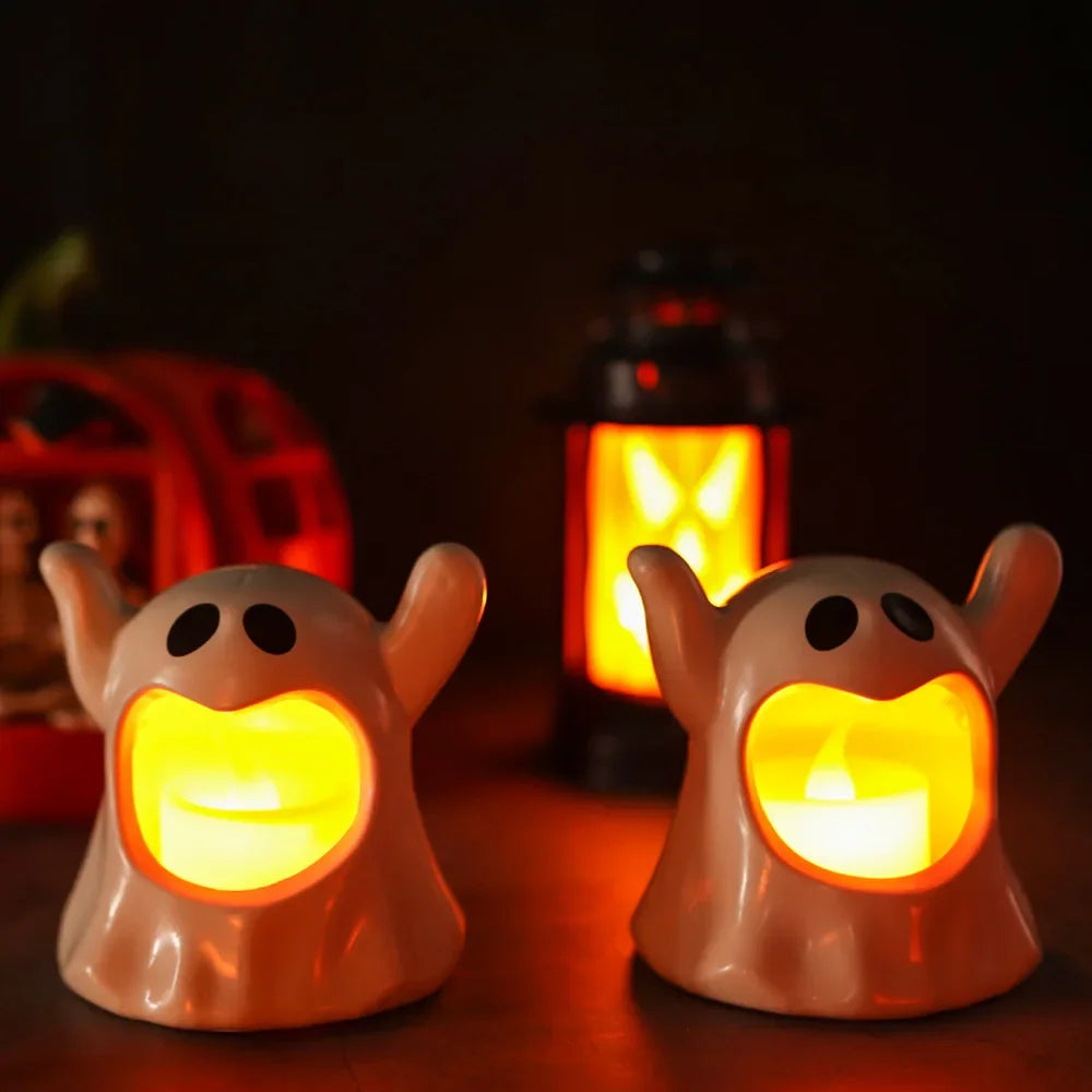 2025 New Halloween Ghost Lamp With LED Flameless Candles Decorative Halloween Party Ghosts Horror Atmosphere Props Decoration