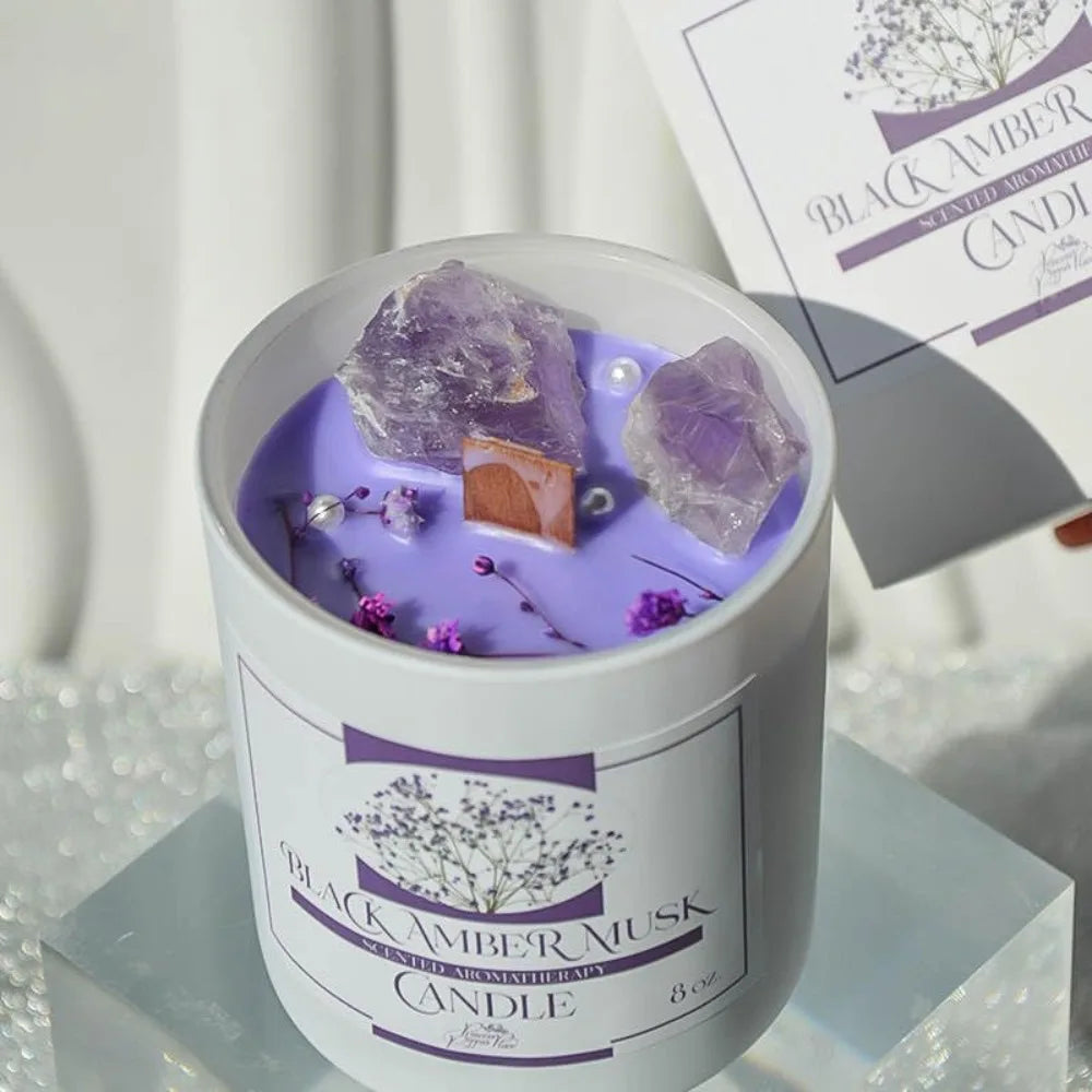 Scented Candles Gifts for Women, Non-Toxic Amber 8% Scented Candle with 2 Healing Crystals & 1 Wooden Wick in Cute Glass Jar, Ar