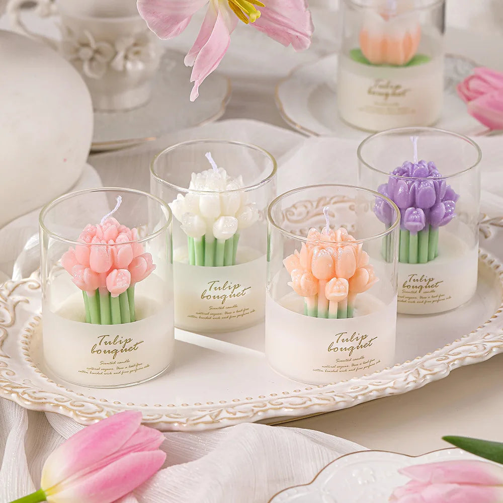 Flower Scented Candles Multi Color Atmosphere Fragrance Gift Box Tulip Hand-held Flower Shaped Fragrant Candle Cup