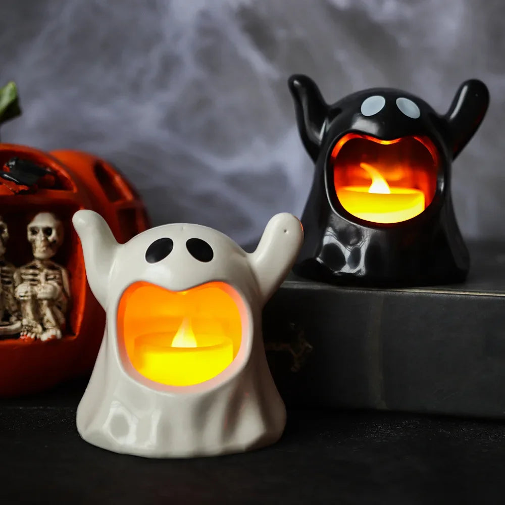 2025 New Halloween Ghost Lamp With LED Flameless Candles Decorative Halloween Party Ghosts Horror Atmosphere Props Decoration